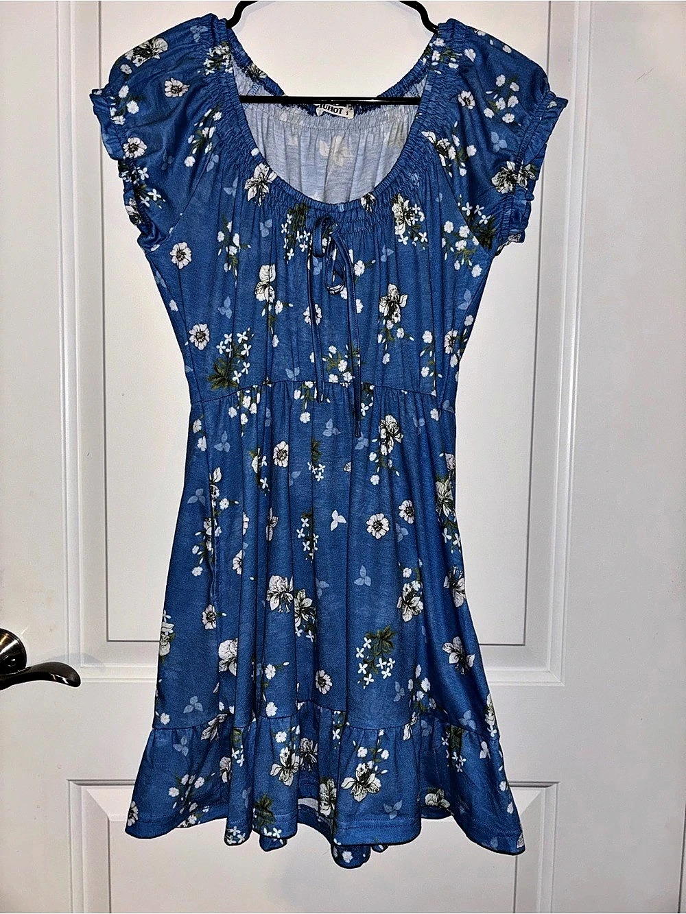HUHOT Women'Small Blue Floral Short Sleeve Casual Sundress Blue Floral Mini